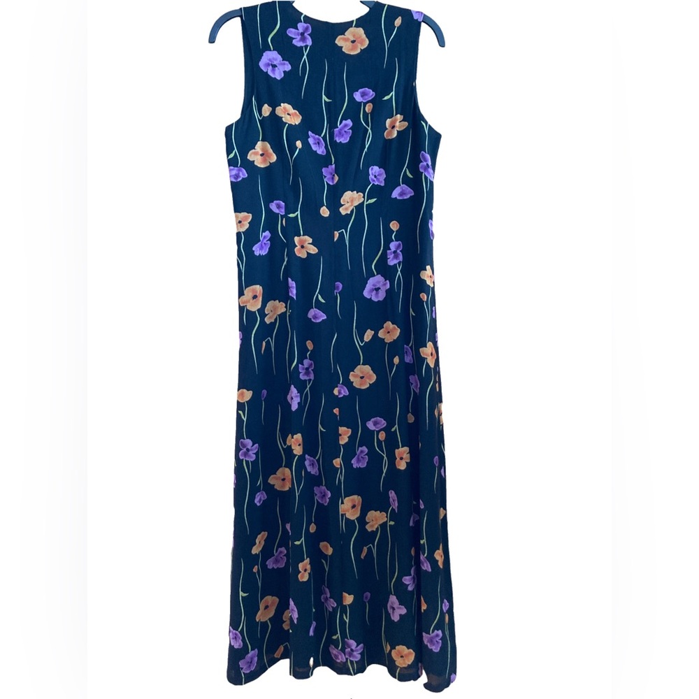 Vintage LT Sport Small Black Maxi Dress Floral Sleeveless Orange Purple Green - Picture 3 of 8